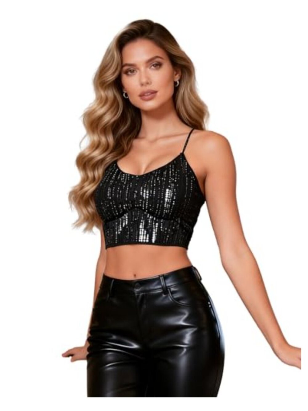 Sequin Cami Top with Built-in Bra Sparkly Backless Crop Tank Party Wear